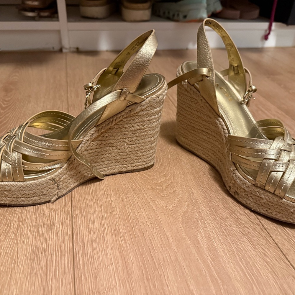 Coach Gold Wedge Espadrilles with Crisscross Straps